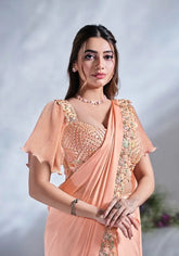 India Silk Peach Sarees Made From Crepe Satin Silk Blend Traditional Craftsmanship With A Soft Elegant Texture